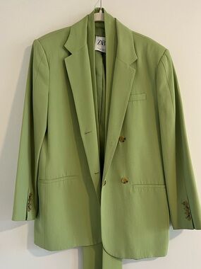 Zara Light Green Double-Breasted Suit Blazer